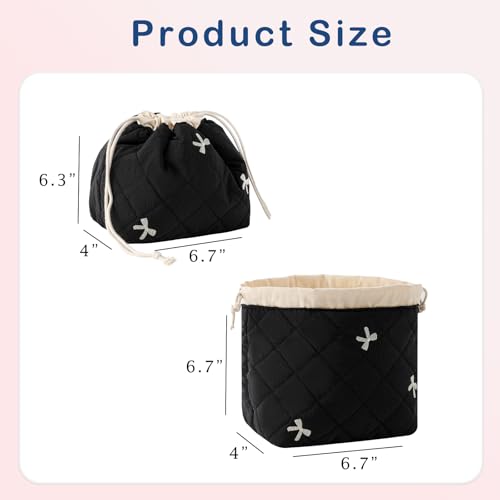 uekeboag Cotton Quilted Drawstring Makeup Bag with Canvas Lining,Coquette Aesthetic Cute Travel Toiletry Bag,Drawstring Gift Bag for Women and Girls（06Black Bows） - color: 06Black Bows