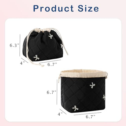 uekeboag Cotton Quilted Drawstring Makeup Bag with Canvas Lining,Coquette Aesthetic Cute Travel Toiletry Bag,Drawstring Gift Bag for Women and Girls（06Black Bows） - color: 06Black Bows