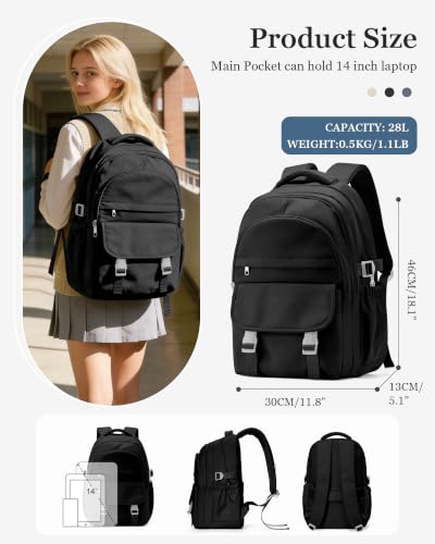 Black Waterproof Aesthetic Backpack For School, Cute High School Bookbag For Teen Girls Boys, Lightweight Casual Daypack Backpack For Women Men, College Backpack With Lots Of Pockets - color: Black