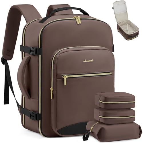LOVEVOOK 50L Travel Backpack Flight Approved Carry on Backpack,3 Packing Cubes,Waterproof Personal Item Travel Bag,TSA Carry on Luggage Suitcase Travel Essentials,Gifts for Women & Men,fits 18" Laptop - color: Dark Coffee - Black, size: X-Large-50L-4Pcs