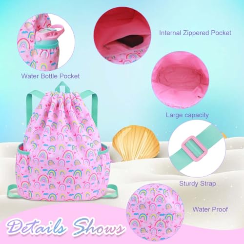 RHCPFOVR Drawstring Backpack for Kids - Rainbow Bags for Girls Mini Gym Dance Beach Swim Travel Bag With Two Water Bottle Holder - color: Rainbow