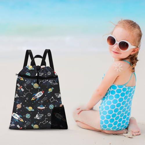 Space Rocket Drawstring Backpack, 15” x 17” Waterproof Swim Bag for Beach Swimming Pool, Lightweight Foldable Gym Bag with Water Bottle Holder for Sports Travel - color: Space Rocket