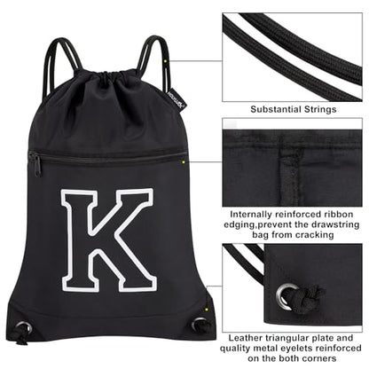 HOLYLUCK Drawstring Bags Initial Backpack Sackpack Cinch Bags for Sports, Gym, Travel, Beach(Black-K) - color: Black-k