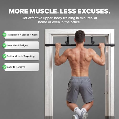 DMoose Fitness Door Pull Up Bar for Doorway - 250 Lbs Capacity, 1.7mm Heavy Duty Steel, 4 Grip Positions, No Drill Installation, Foam Door Protection & Cushioned End Caps (Black Classic)