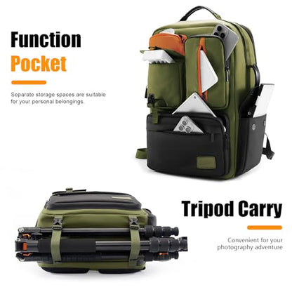 Cwatcun Professional Camera Backpack, Waterproof Camera Bag for Photographers, Camera Case with Tripod Holder & Laptop Compatible for Canon Nikon Sony Fuji DSLR SLR Mirrorless Camera, Green - color: Green