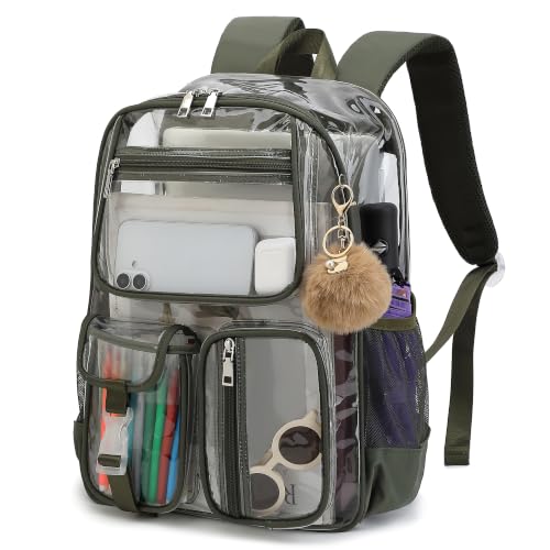 Clear Backpacks for Girls Boys, Heavy Duty PVC Transparent School Bookbag See Through Back Pack for College Work Travel (Army Green) - color: Army Green