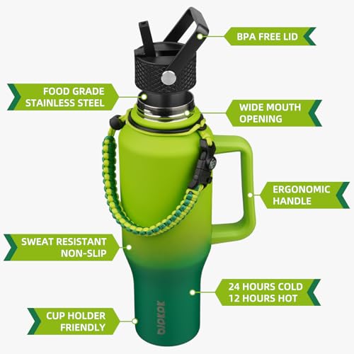 BJPKPK Insulated Water Bottles with Straw Lid, 40oz Metal Water Bottle with 2 lids & Paracord Strap, Double Wall Stainless Steel Tumbler with Handle, Reusable Cups, Mugs, Thermo, Bamboo Grove - color: Bamboo Grove, style: 40oz-Side Handle