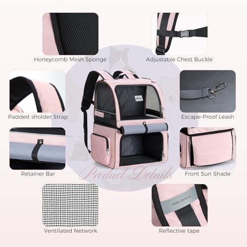 Double Cat Backpack Carrier for 2 Cats, Double-Compartment Pet Carrier Backpack for Two Small Cat or One Medium Cat, Cats Carrier Backpack Dog Carrier Backpack Fits Up to 24 Lbs,Pink - color: Pink