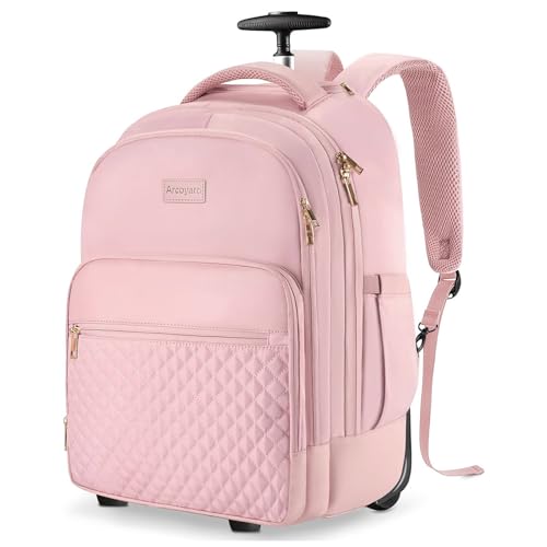 Arcoyard Rolling Backpack for Women, 17.3 Inch Travel Backpack with Wheels - color: Pink, size: 17.3-inch