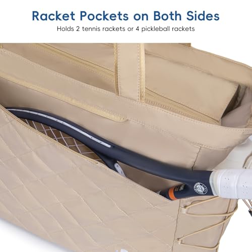 KAVIGOR Tennis Tote Bag with Shoe Compartment - Extra-Large Quilted Pickleball Bag Holds 2-4 Rackets, Water-Resistant & Lightweight for Men & Women - color: Khaki