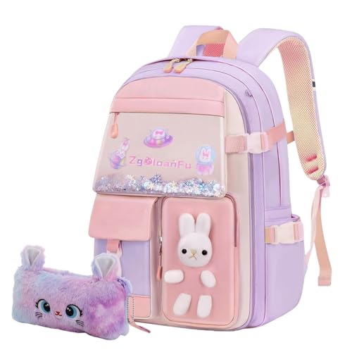 Girls Backpack, Kids Backpack for Girls School Bunny Book Bag for Elementary Primary School Kindergarten Elementary Preschool Middle - color: Purple Bunny Backpack