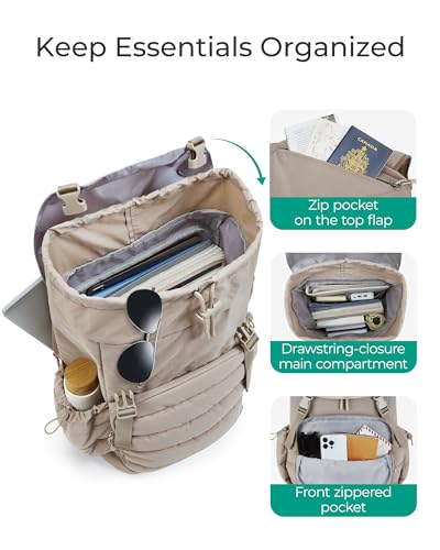 BAGSMART College Laptop Backpack, Large Opening Travel Backpack for Women, Outdoor Backpack for 15.6 Inch Laptop, Beige - color: Beige