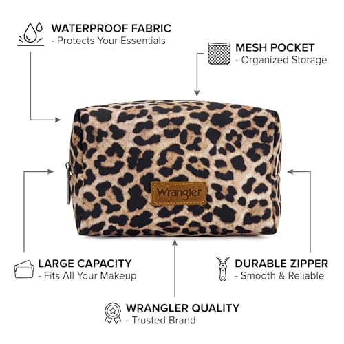 Montana West X Wrangler Travel Makeup Bag Waterproof Cosmetic Bag Portable Makeup Pouch for Women Large Toiletry Bag - color: Leopard