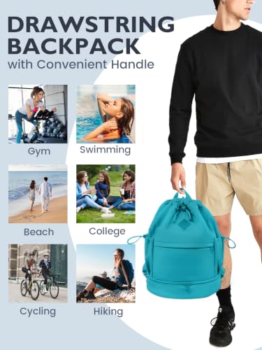 RHDZO Drawstring Gym Backpack with Shoe Compartment and Wet Pocket, Teal - color: Teal
