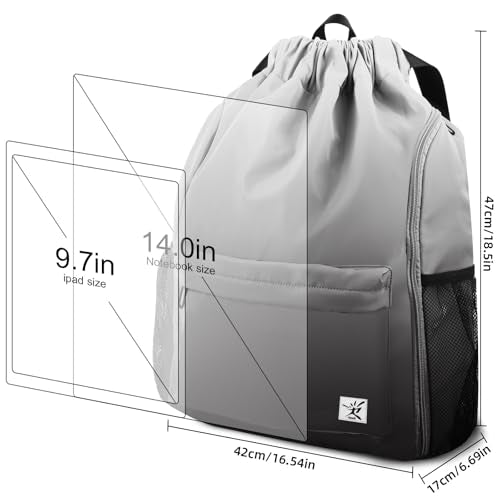 Drawstring Backpack with Mesh Pockets String Gym Bag Sackpack Sandproof Water Resistant Beach Backpack for Men Women - color: Gradient Gray