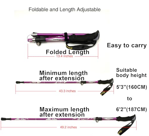 A ALAFEN Aluminum Collapsible Ultralight Travel Trekking Hiking Pole for Men and Women (Fits 5'3" - 6'2") - color: Purple