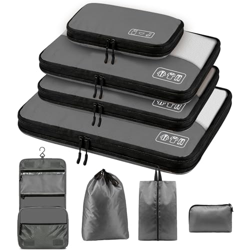 8-Piece Compression Packing Cubes for 7 Days Travel, Ultralight Luggage Organizer Set with Double Zipper Compress, Space Saving for Suitcase & Carry-On, Ideal for Business Trip Weekend Getaway- Gray - color: Gray-8 Set