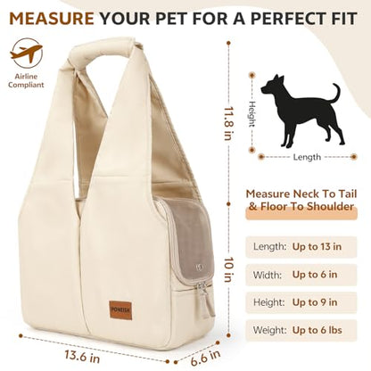 Dog Purse Carrier for Small Dogs and Cats, Soft-Sided Pet Tote Bag with 6 Large Pockets, Collapsible Travel Puppy Carrier with Small Cushion, Fits Pets up to 6 lbs (Beige, 13.6" L x 6.6" W x 10" H) - color: Beige, size: 13.6"L x 6.6"W x 10.0"H