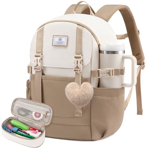 LOVEVOOK School Backpack for Teen Girls, Waterproof Travel College Bookbag for Middle High School with Large Cup Holder & Pencil Case, Fits 15.6'' Laptop, Cute Aesthetic Kids Student Backpack - color: Khaki