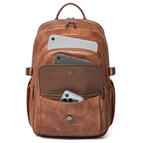 Vegan Leather Backpack, TSA Travel Backpack for Men and Women, Fits 17.0 Inch Notebook with Luggage Strap and USB Port, Brown - color: Brown