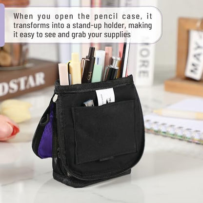 Mr. Pen- Standing Pencil Case Pouch, Sit & Lay Mesh-View Design, Black & Purple, Interior Pocket & 2 Elastic Binder Loops, Cute Pencil Case for Girls and Boys - color: Black & Purple