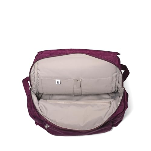 Baggallini Flap Laptop Backpack - 15"x11" Lightweight Work Travel Bag w/Luggage Sleeve & RFID - color: Mulberry