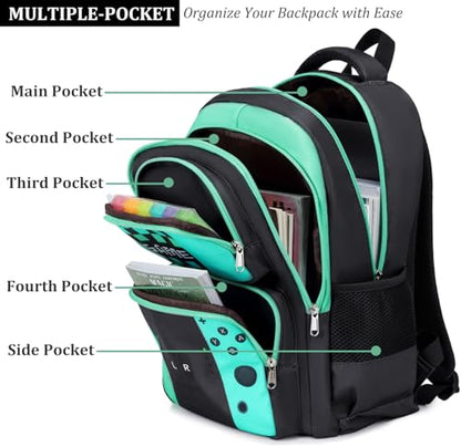 JIANYA School Backpack for Boys and Girls Elementary Children's School Bag Kids Backpack with Lunch Box - color: Gamer/ Green