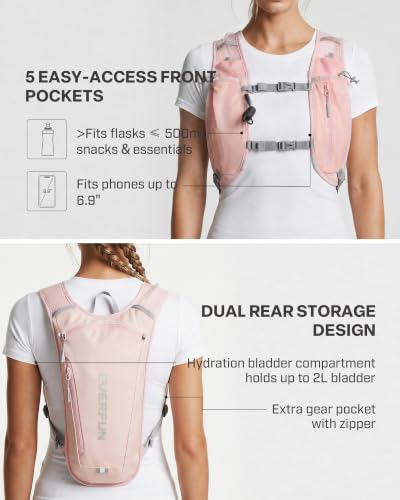 EVERFUN Hydration Backpack Running Vest Small Hiking Water Backpack with 1.5L Water Bladder for Women Men, Lightweight Reflective Phone Holder Hydro Pack for Trail Running, Biking, Race, Marathons - style: Pink