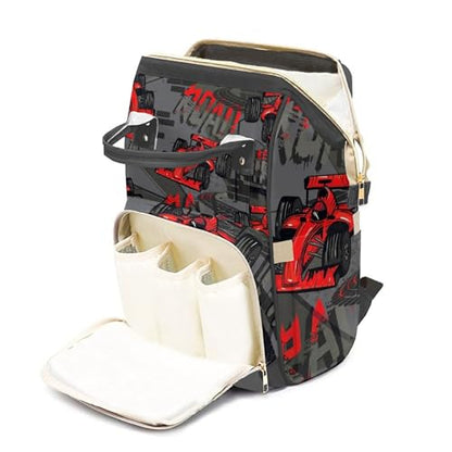 Custom Diaper Bag with Name, Personalized School Bag for Boys Red Car Pattern, Monogram Nappy Backpack with Thermal Pockets for Adults, Large Capacity Waterproof Diaper Bag, Travel Gifts - color: Red Car