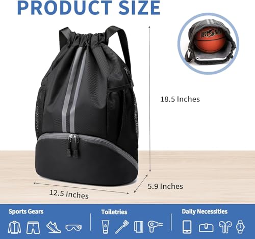 Drawstring Backpack Gym Bag with Shoe Compartment - Ideal for Basketball, Swimming, Beach Activities, Unisex - color: Black