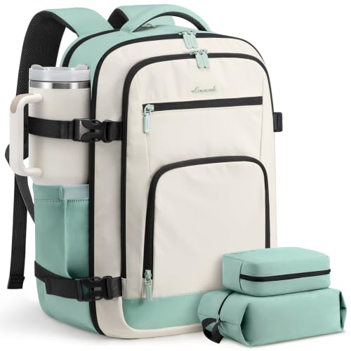 LOVEVOOK 40L Carry On Travel Backpack for Women Men Flight Approved - color: Beige-black-sage Green, size: 40l-17.3 Inch-3pcs Standard