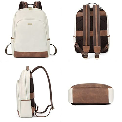CLUCI Leather Backpack for Women 15.6 inch Laptop Backpack Purse Computer Backpack for Travel Airplane Casual Daypack Beige with Brown - color: Beige With Brown