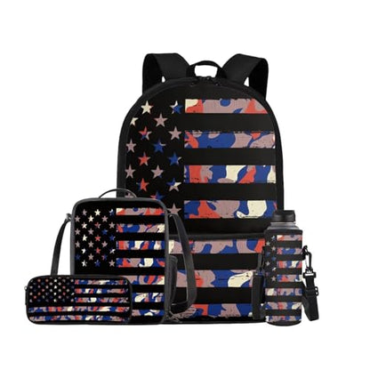 American Flag Camo Backpack for Boys Kids Backpack with Lunch Box Water Bottle Holder with Strap and Big Pencil Case 4PCS Set Bookbag with Front Pocket for School 17" Lightweight School Bag - color: American Flag Camo