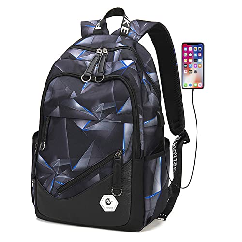 Geometric-Print School Backpack for Teen Boys Laptop Bookbag with USB Charging Port Kids School Bag for Elementary Black Blue - color: Black+blue, size: Style A-with USB Port