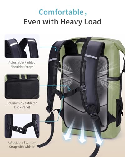 ECOHUB Waterproof Backpack for Women Men, 30L Roll-Top Closure Heavy Duty Dry Bag for Travel with IPX8 Waterproof Phone Case - color: Green