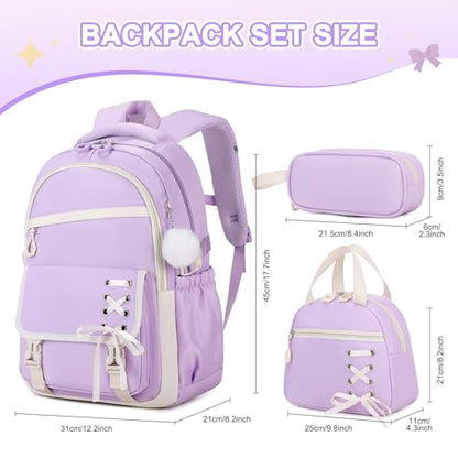 Scothen 3PCS Girls Backpack for School, Kids Backpack for Girls with Lunch Bag Pencil Case, Kids Bookbag Teen Backpacks for Elementary Middle High School (Purple) - color: Purple