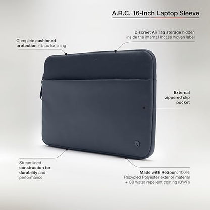 Incase A.R.C. Sleeve with ReSpun Recycled Polyester - 15 inch and 16 inch MacBook/Laptop & iPad/Tablet Case - Cushioned Faux Fur Lining, External Zippered Slip Pocket - Navy - color: Navy