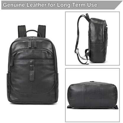 Genuine Leather Backpack for Men & Women - 15.6 Inch Laptop Backpack, Durable Business Commute Bag with Multi-Pockets for Travel & Office - color: Y80&15y Black