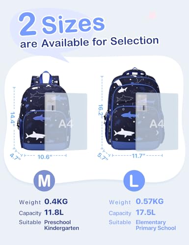 VASCHY Kids Backpacks, 12L Toddler & 17.5L School Backpacks, Lightweight Water-Resistant for Boys and Girls Ages 3-12 - color: Blue Sharks-s, size: Small