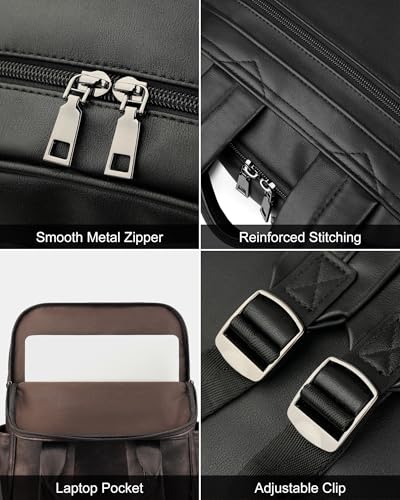MASINTOR 15.6 inch Leather Laptop Backpack Purse for Women, Designer Travel and Work Bag with Laptop Compartment Black - color: Black