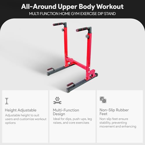 BalanceFrom Steel Frame Dip Station with Adjustable Height, 500 Pound Weight Capacity – Upper Body Workout Home Gym Equipment for Triceps, Push & Pull Ups, Leg Raises, and Bench Press - color: Red