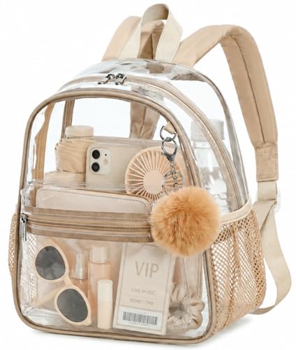 BTOOP Clear Mini Backpack for Stadium Events 12x12x6 Small Transparent Backpacks Plastic See Through Clear Bag for Concerts Work Festival Security Travel Khaki - color: Khaki With Pom-pom Keychain, size: 12'' H-Mini