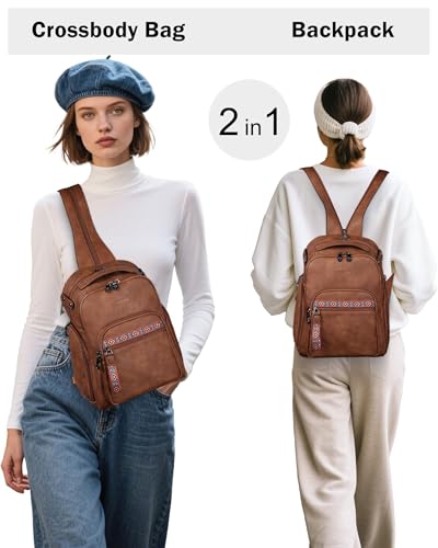 FADEON Large Sling Bag for Women, Designer Leather Crossbody Purse Convertible Sling Backpack, Anti Theft Daypack for Travel - color: 1 Brown Retro Style