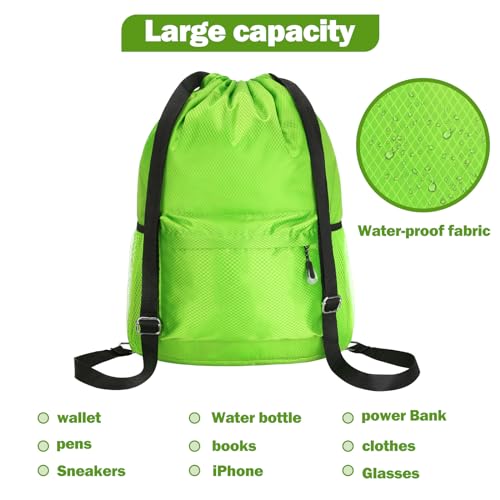 Waterproof Drawstring Bag, Lightweight String Backpack with Water Bottle Holder and Pockets, Gym Sports Cinch Sackpack (Green) - color: Green