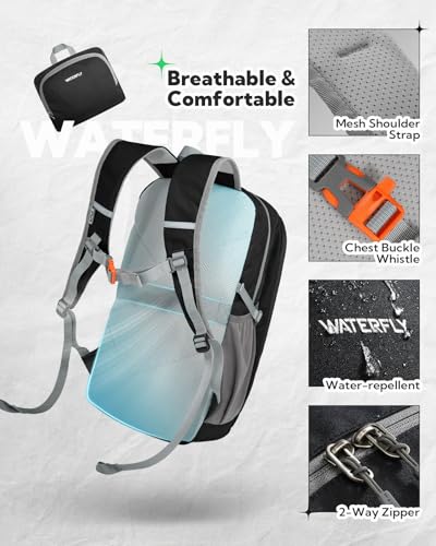 WATERFLY Lightweight Packable Backpack, 25L Small Foldable Travel Daypack | Multi-Pocket with Luggage Strap, Breathable Back Pad, Comfortable to wear, Easy to Fold, Compact Day Pack for Hiking Outdoor - color: Black