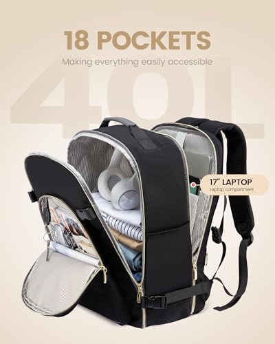 LOVEVOOK 40L Travel Backpack for Women Men,Waterproof Airline Approved Carry On Luggage Travel Essentials,TSA Carry On Backpack Personal Item Travel Bag Suitcase Weekender Traveling with Packing Cubes - color: Black-grey, size: Large-40L-4Pcs