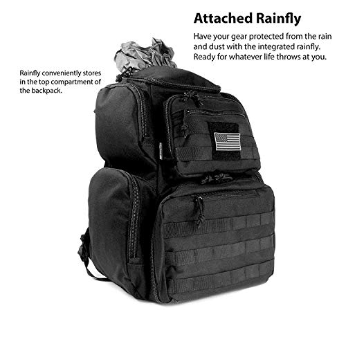 K-Cliffs Tactical Range Backpack – Lockable Bag for 5 Handguns Pouches – 900D Water‑Resistant with Rain Cover & USA Patch - color: Black With 5 Pouches