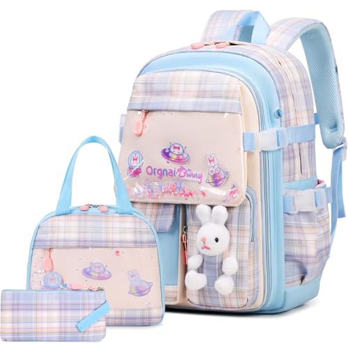 FIXITOK Girls Backpack Set, 3PCS Kids Backpack for Girls, Kawaii Bunny School Backpacks for Girl Kindergarten Elementary Preschool Middle School Bags with Lunch Box Pencil Case Blue-Plaid - color: Blue-plaid