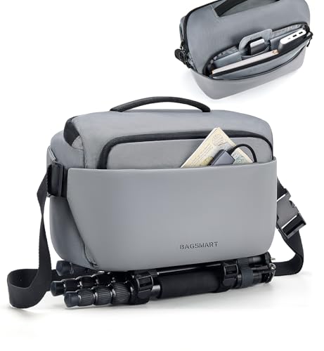 BAGSMART Camera Sling Bag, Small Camera Bags for Photographers with Tripod Holder, Waterproof DSLR/SLR/Mirrorless Camera Bags Crossbody with Rain Cover, Compatible with Canon Sony Nikon, Gray - color: Gray