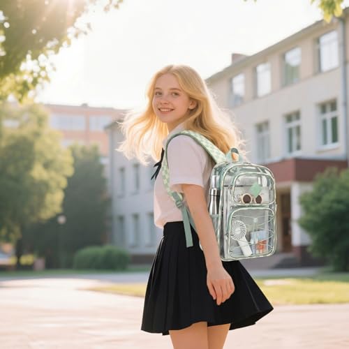 Clear Backpacks for Girls Women, Heavy Duty PVC Transparent Back Pack See Through Boys Kids Clear Bookbags for School Checkered Green - color: Checkered Green